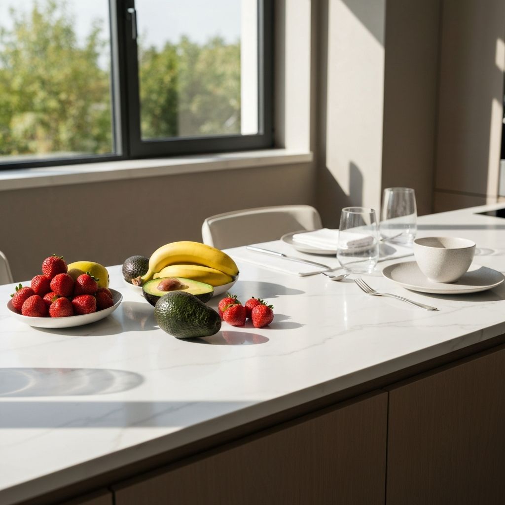 Elegantan doručak sa svježim voćem i avokadoom na bijelom mramornom stolu u sunčanoj modernoj kuhinji