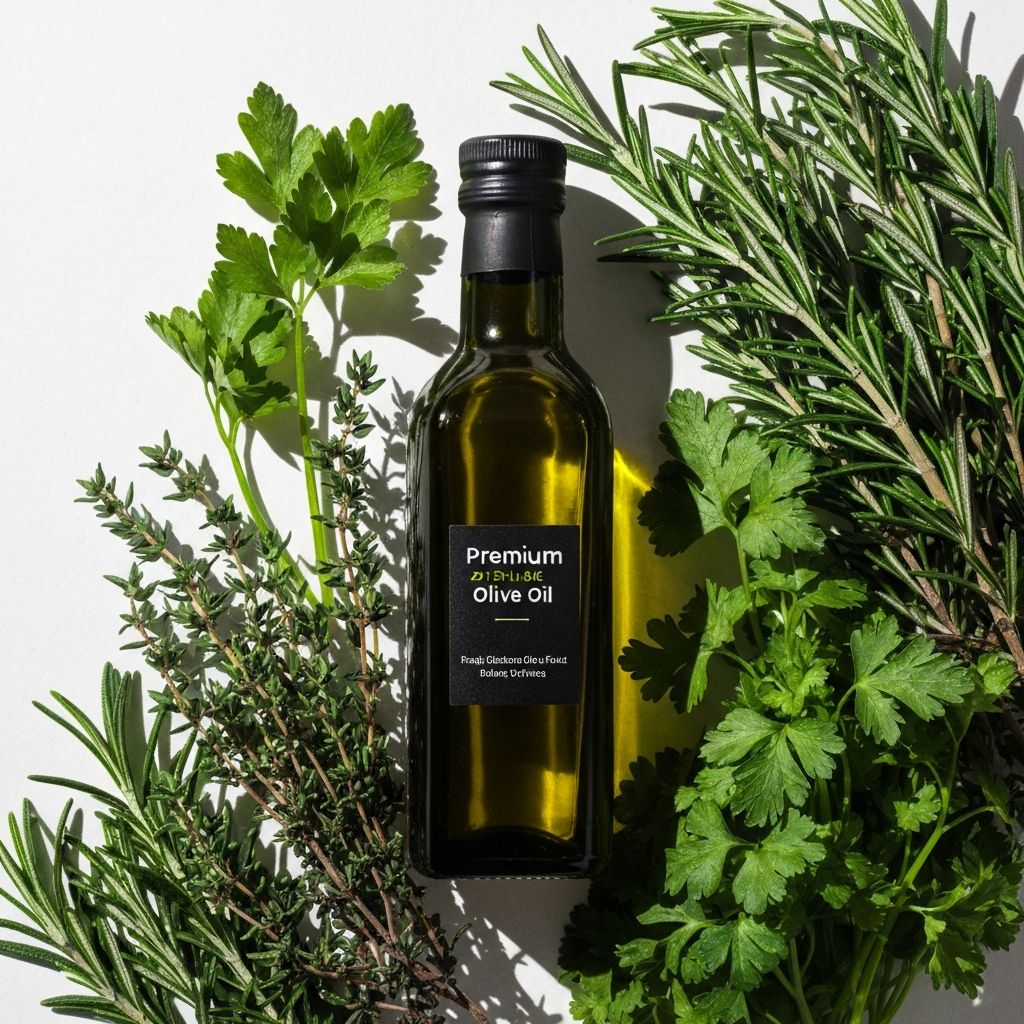Umjetnički prijedlog svježih kulinarski začina i premijumne boce maslinovog ulja, dramaturški prirodni svjetlu, minimalističkog premijumnog stila