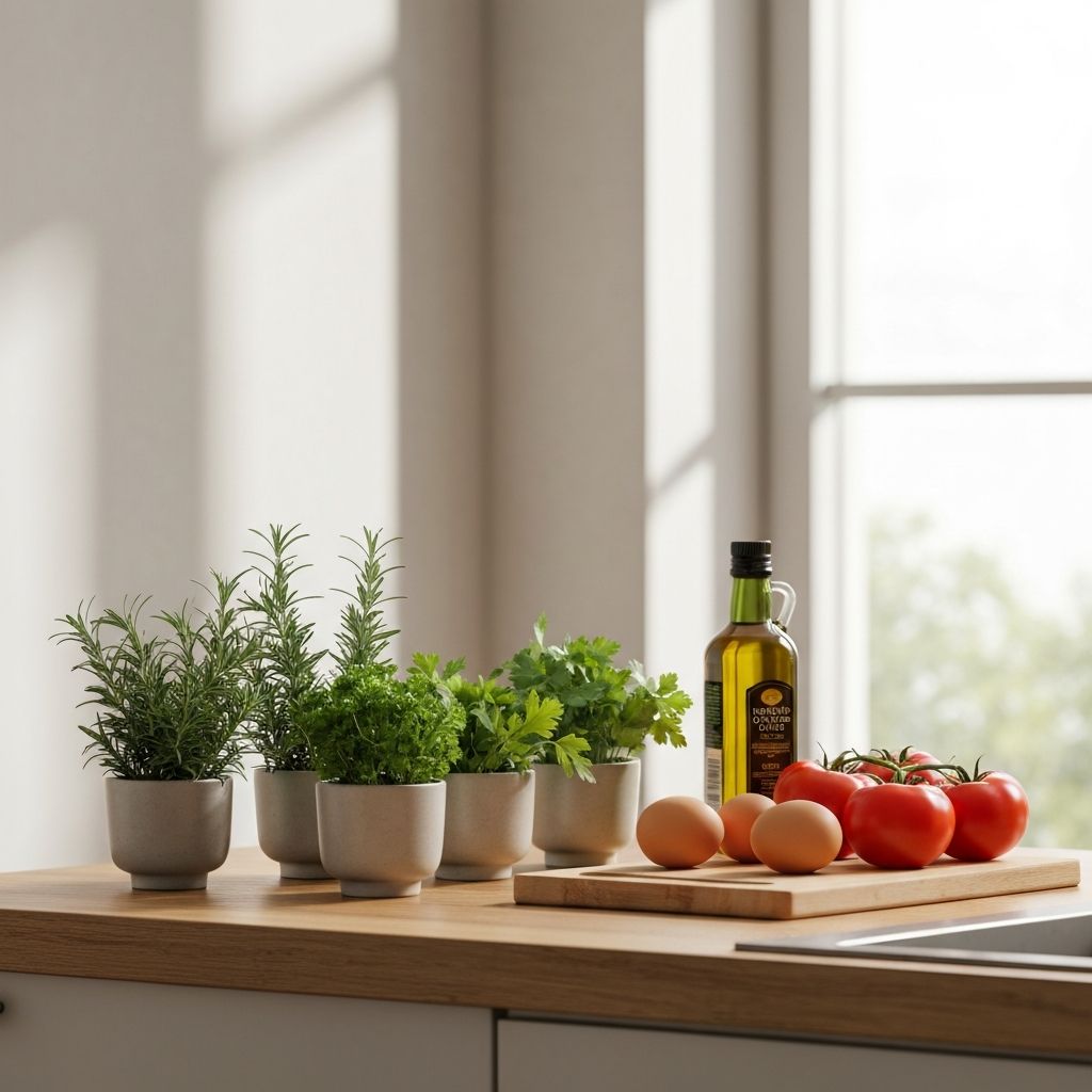Minimalistički kuhinjski pult sa svježim začinima, maslinovim uljem i pripremljenim sastojcima u mekim prirodnim svjetlu